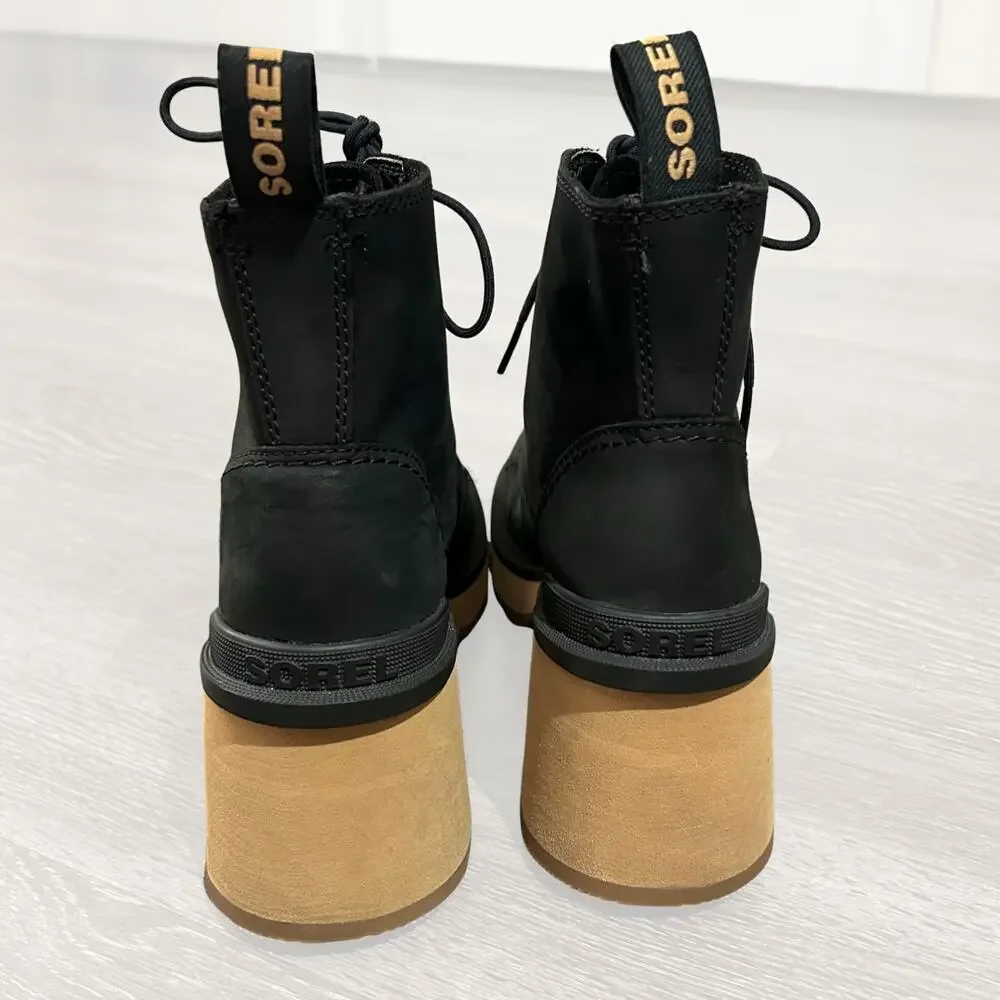 Sorel Hi-Line Heel Lace Boot Black Leather Lug Sole Block Heel Size 7.5 New NWOB